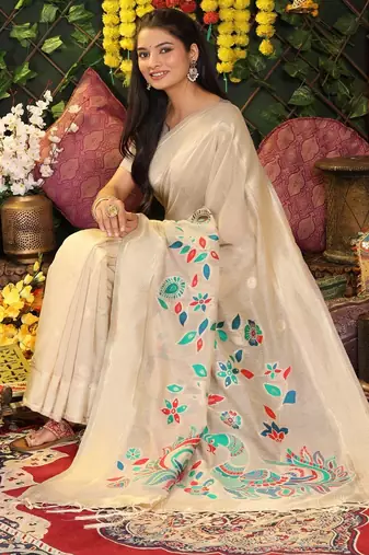 Cream linen cotton woven saree with blouse
