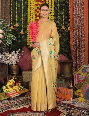 Yellow linen cotton woven saree with blouse 1