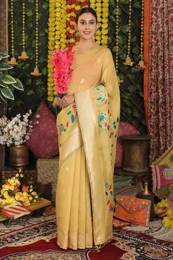 Yellow linen cotton woven saree with blouse