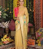 Yellow linen cotton woven saree with blouse