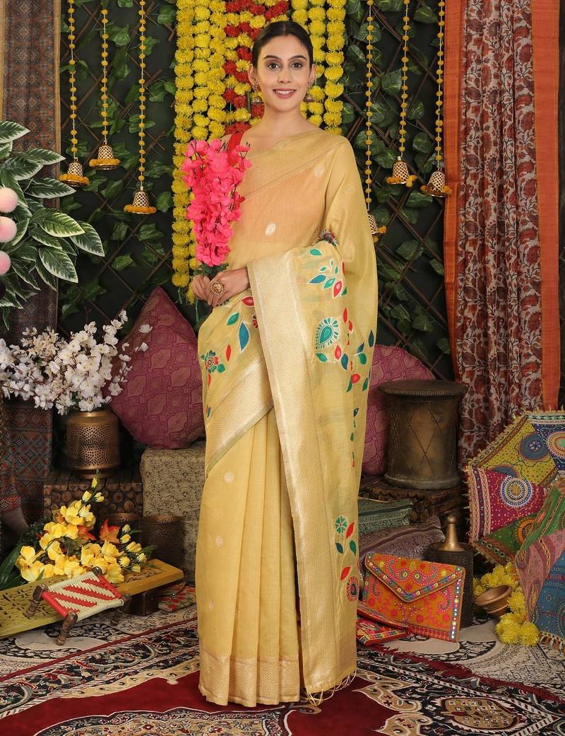 Yellow linen cotton woven saree with blouse