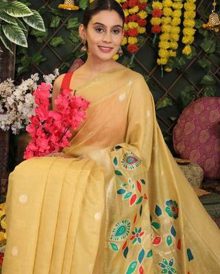 Yellow linen cotton woven saree with blouse 2
