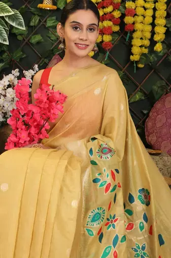 Yellow linen cotton woven saree with blouse