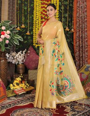 Yellow linen cotton woven saree with blouse 3