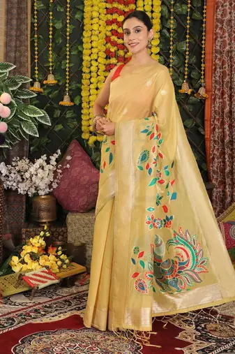 Yellow linen cotton woven saree with blouse