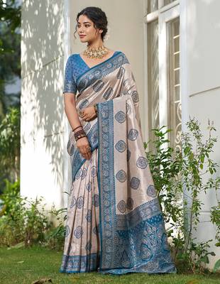 Blue silk blend woven saree with blouse 1