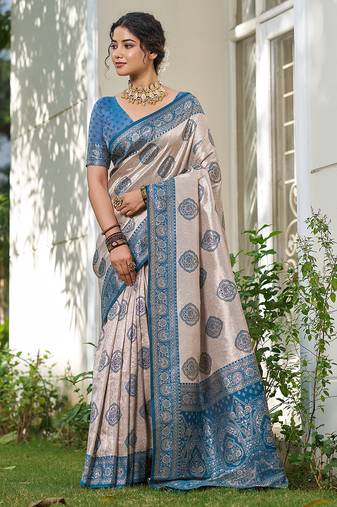 Blue silk blend woven saree with blouse