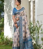 Blue silk blend woven saree with blouse