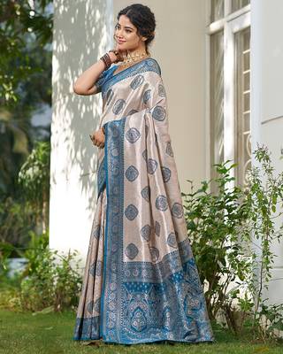Blue silk blend woven saree with blouse 2