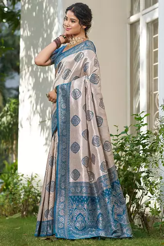 Blue silk blend woven saree with blouse