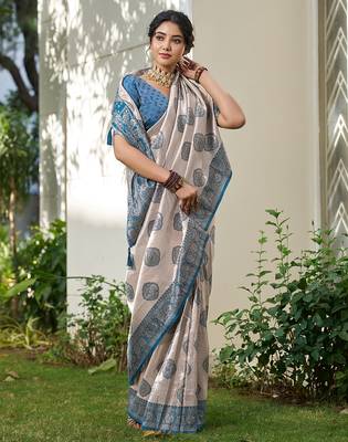 Blue silk blend woven saree with blouse 3