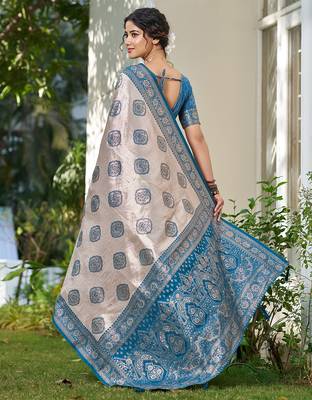 Blue silk blend woven saree with blouse 4