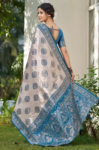 Blue silk blend woven saree with blouse