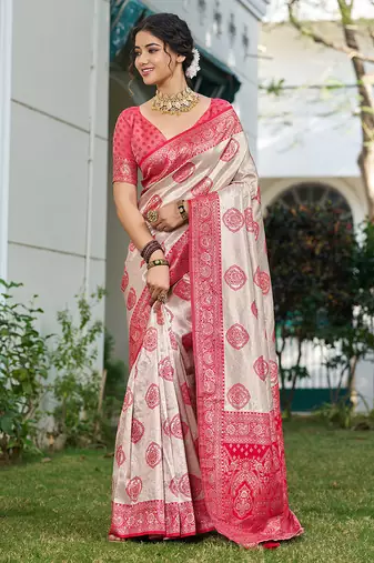 Coral silk blend woven saree with blouse