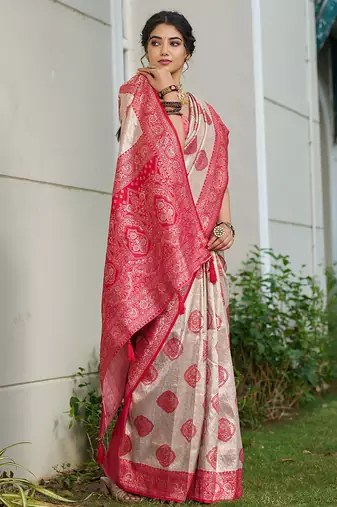 Coral silk blend woven saree with blouse