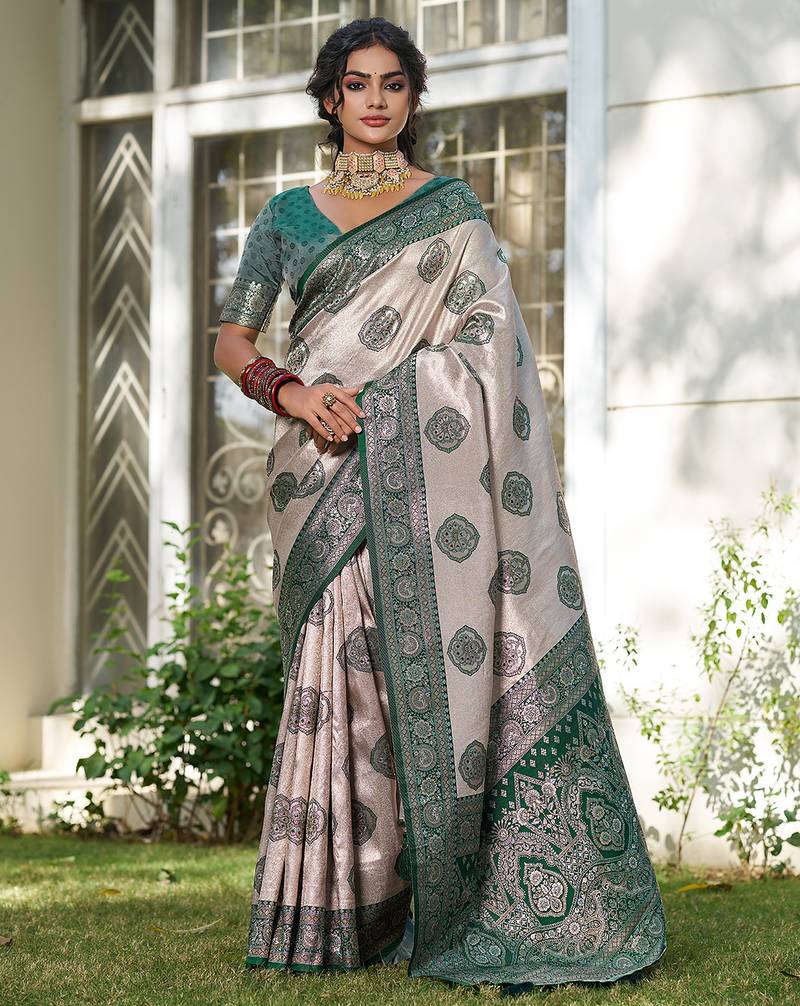 D green silk blend woven saree with blouse