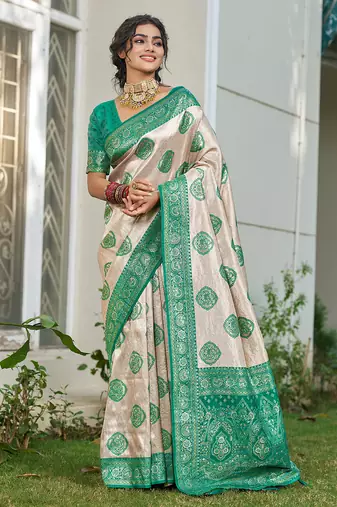 Green silk blend woven saree with blouse