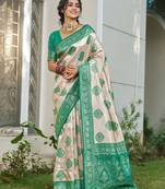 Green silk blend woven saree with blouse