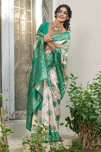 Green silk blend woven saree with blouse