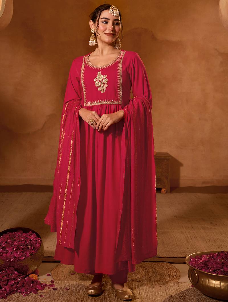 Women's Beautiful Embroidery Work Viscose Silk Fabric Straight Kurta Pant and Dupatta Set