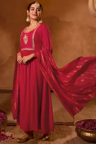 Women's Beautiful Embroidery Work Viscose Silk Fabric Straight Kurta Pant and Dupatta Set