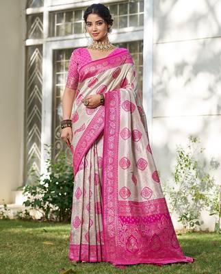 Pink silk blend woven saree with blouse 1