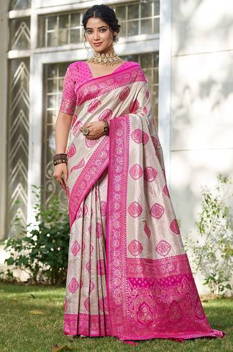 Pink silk blend woven saree with blouse