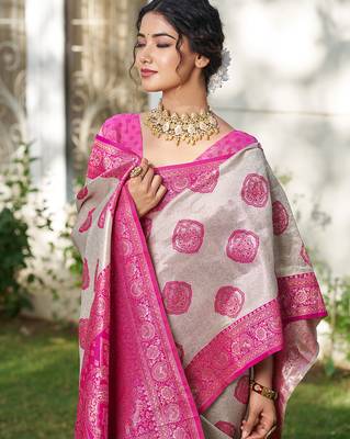 Pink silk blend woven saree with blouse 2