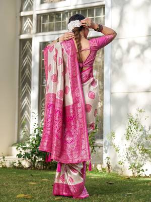 Pink silk blend woven saree with blouse 4