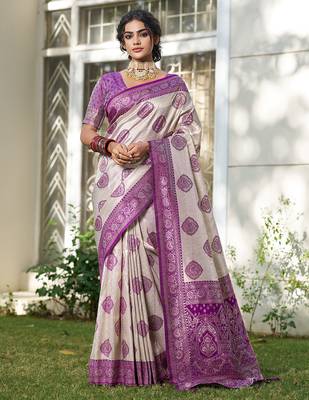 Purple silk blend woven saree with blouse 1