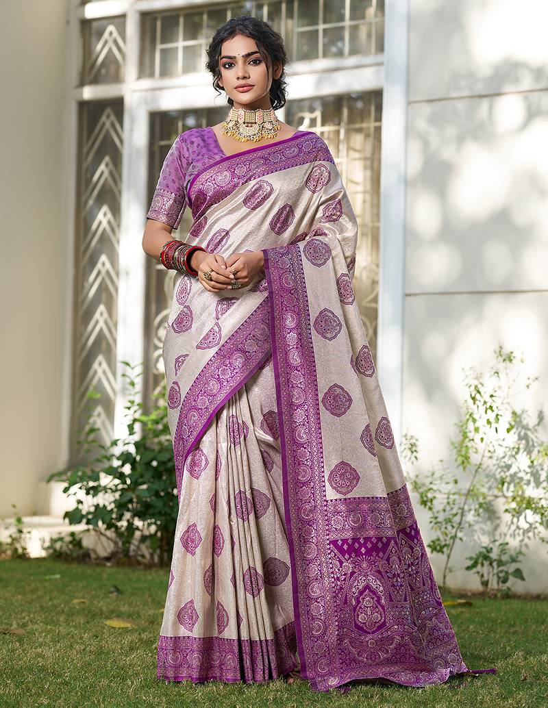 Purple silk blend woven saree with blouse