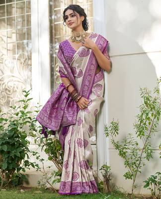 Purple silk blend woven saree with blouse 2