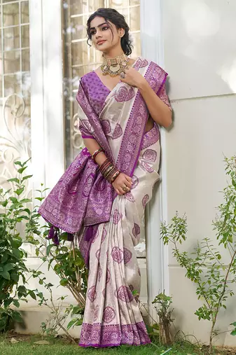 Purple silk blend woven saree with blouse
