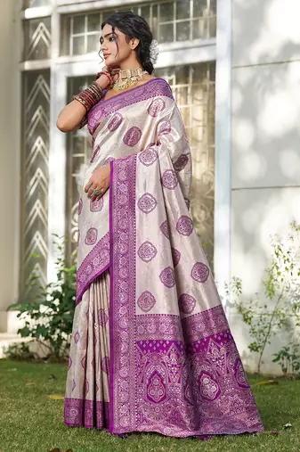 Purple silk blend woven saree with blouse