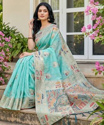 Blue linen cotton woven saree with blouse 2