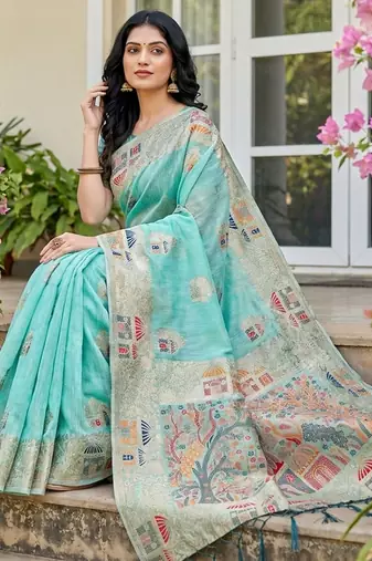 Blue linen cotton woven saree with blouse