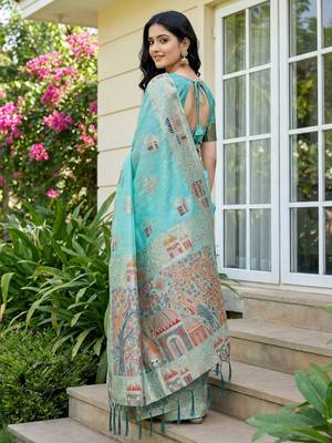 Blue linen cotton woven saree with blouse 3