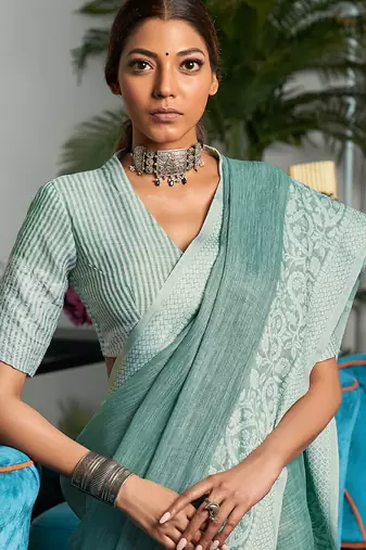 Blue linen zari work saree with blouse