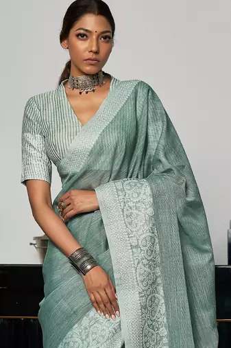 Blue linen zari work saree with blouse