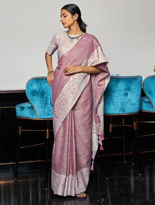 Lavender linen zari work saree with blouse 1