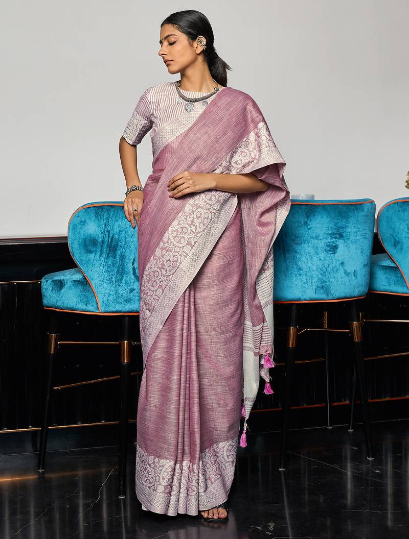 Lavender linen zari work saree with blouse