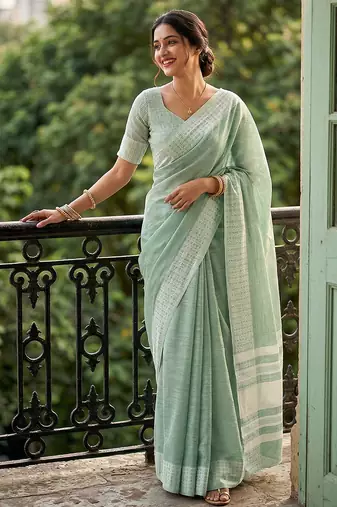 Blue linen zari work saree with blouse