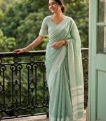 Blue linen zari work saree with blouse