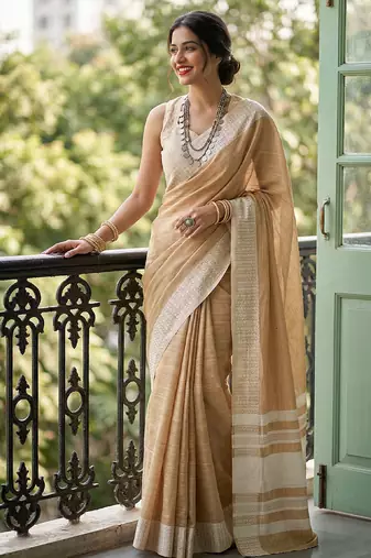 Brown linen zari work saree with blouse
