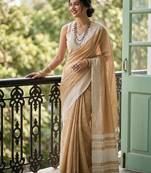 Brown linen zari work saree with blouse