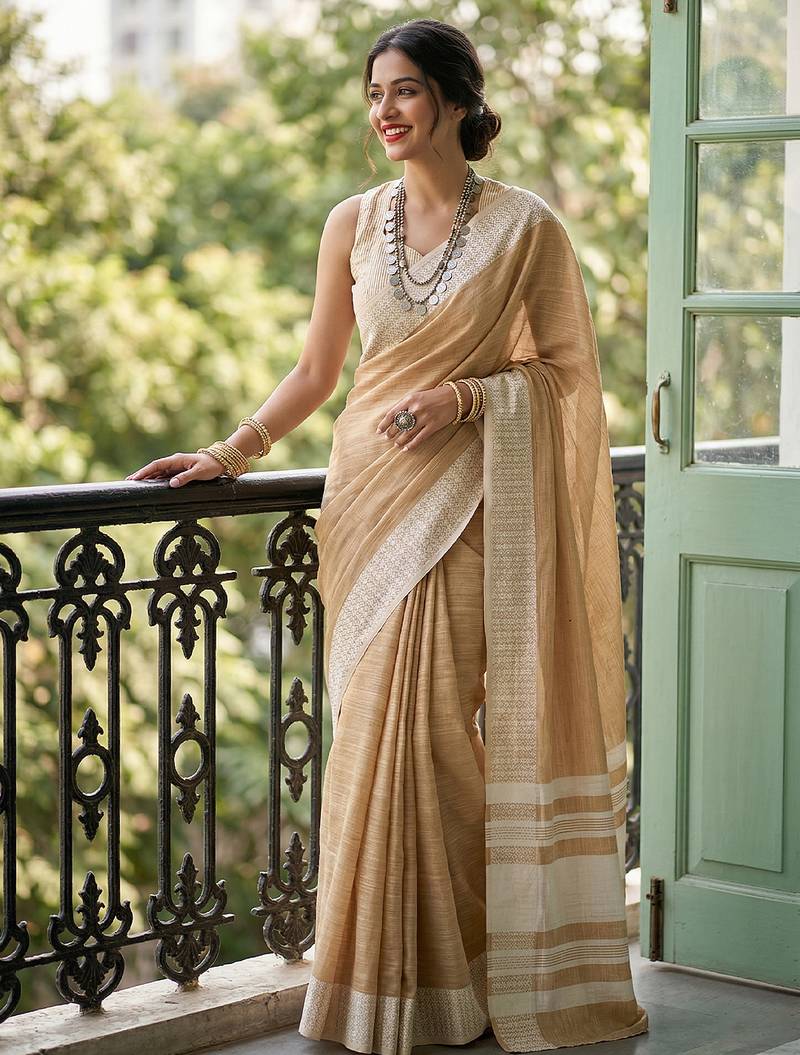 Brown linen zari work saree with blouse