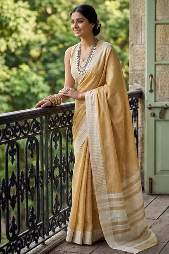 Brown linen zari work saree with blouse