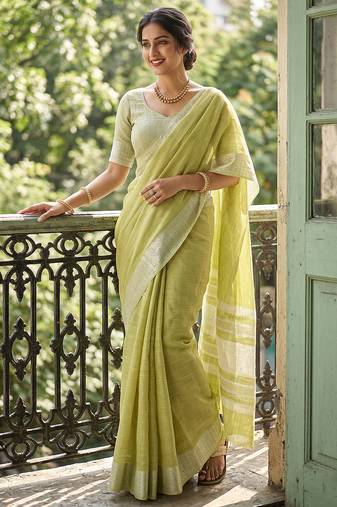 Green linen zari work saree with blouse