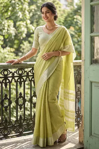 Green linen zari work saree with blouse