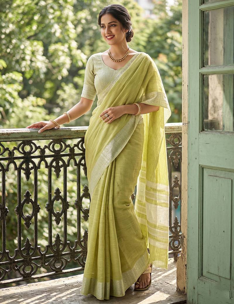 Green linen zari work saree with blouse